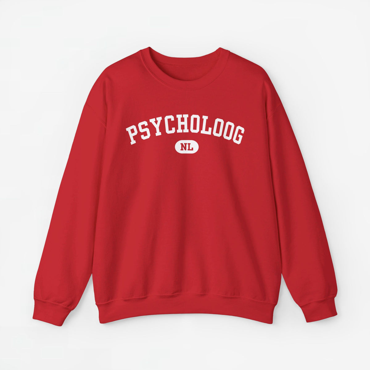Rode sweater met ronde hals en PSYCHOLOGOOG NL-print op de borst