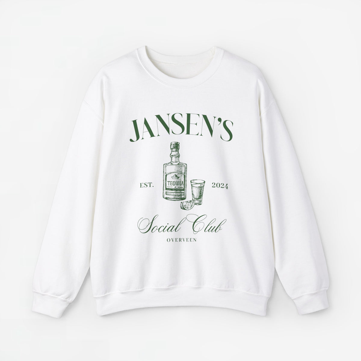 Witte sweater met ronde hals en lange mouwen, borstprint met JANSEN’S en Social Club
