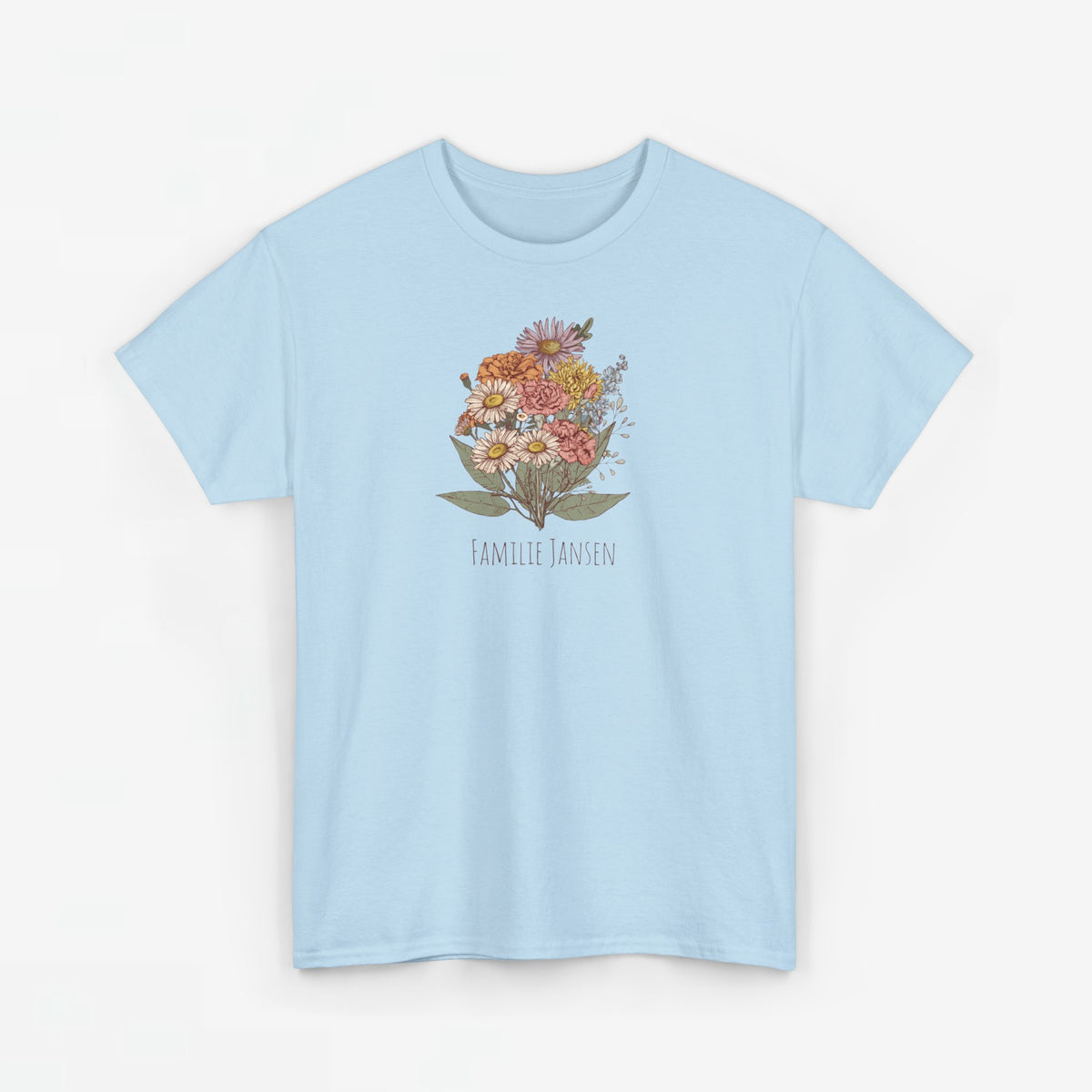 Lichtblauw T-shirt met ronde hals en bloemenboeketprint op de borst