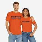 Oranje T-shirt met voorprint 'KONINGSDAG 2024', gedragen door twee personen