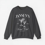 Donkere grijze sweatshirt met opdruk JANSEN'S en Social Club, ronde hals en lange mouwen.