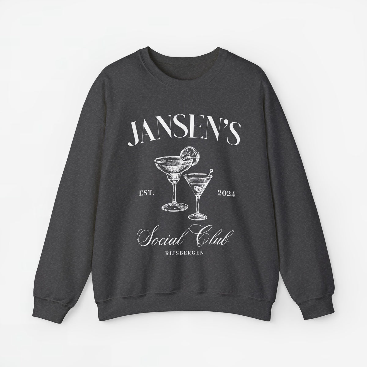 Donkere grijze sweatshirt met ronde hals en witte 'JANSEN'S Social Club'-opdruk.