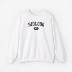 Witte trui met ronde hals en borstprint “BIOLOGOG” met rond “NL”-logo