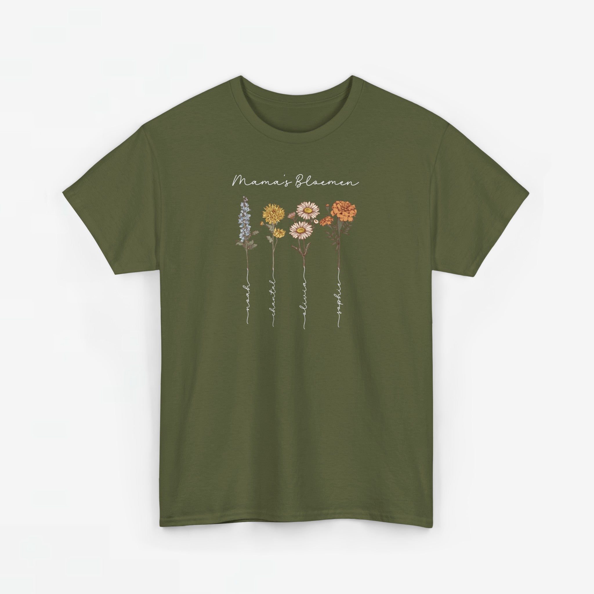 Gepersonaliseerde Moederdag Mama Cadeau - T-shirt - Mama's Bloemen met namen en geboortemaand bloemen (witte tekst)