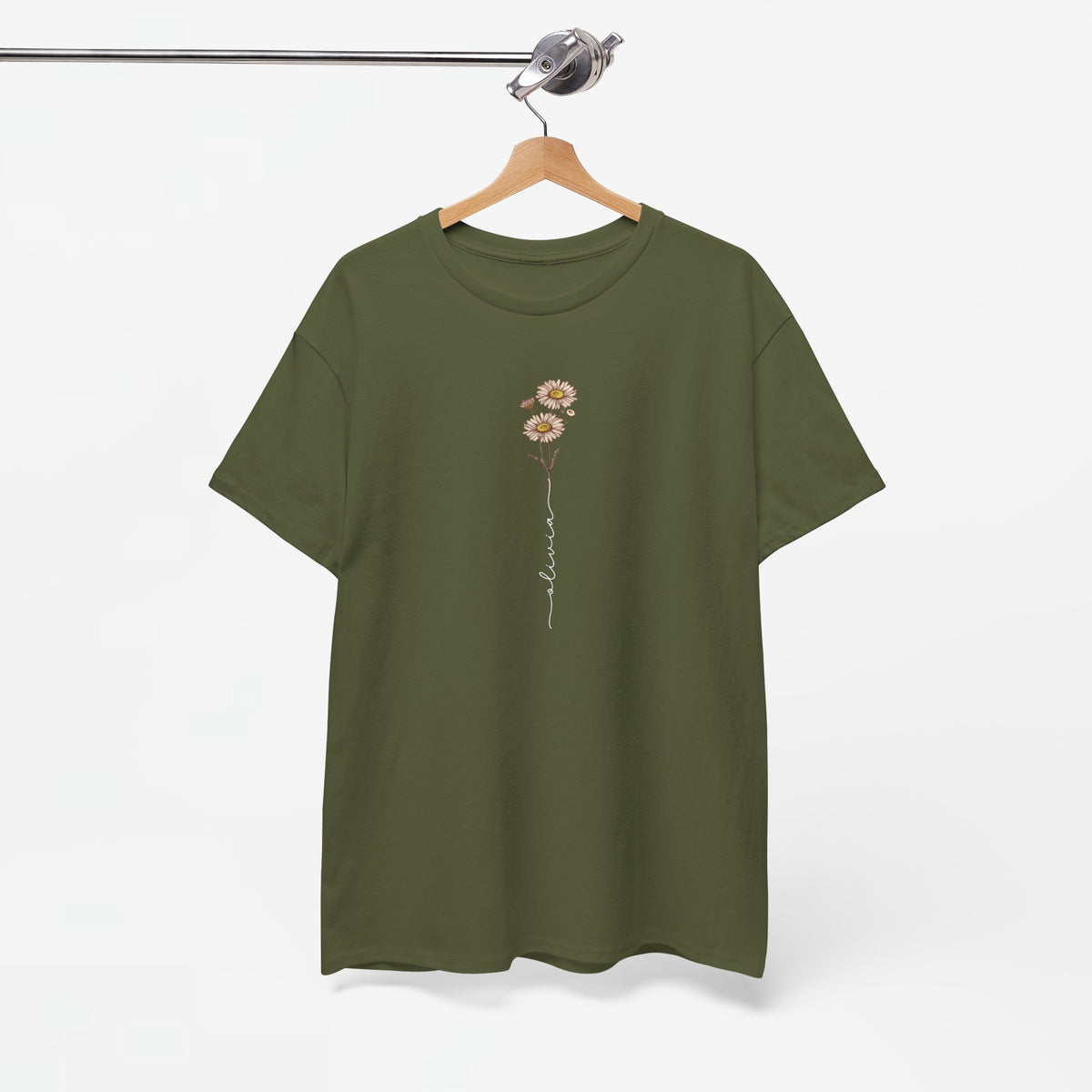 T-shirt kaki groen met bloemenprint in sierlijke lijn op de rugzijde
