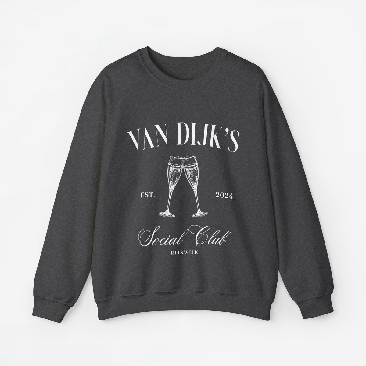 Donkergrijze sweatshirt met opdruk VAN DIJK'S Social Club en twee champagneglazen