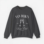 Donkere antracietkleurige sweater met witte 'VAN DIJK'S Social Club' print