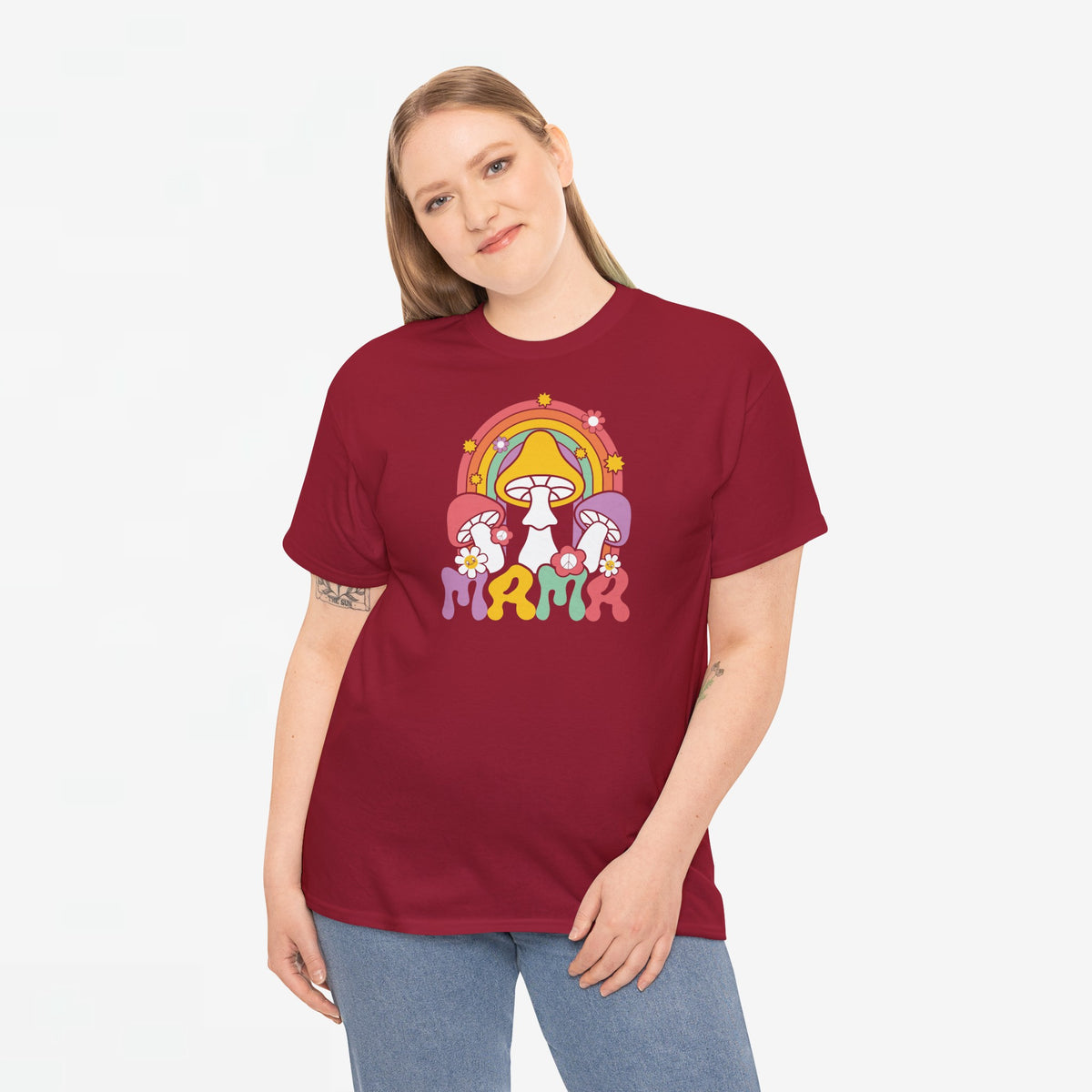 Oversized T-shirt bordeaux met paddenstoelenprint, gedragen door model