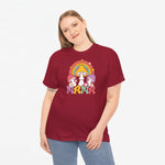 Oversized T-shirt bordeaux met paddenstoelenprint, gedragen door model