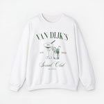 Witte sweatshirt met opdruk “Van Dijk's”, cocktailglas en martini, jaartal 2023
