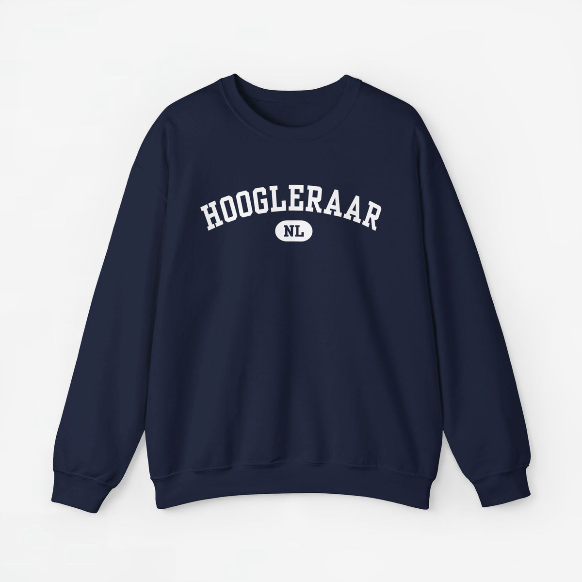 Donkerblauwe sweater met ronde hals en lange mouwen, HOOGLEERAAR-print op borst