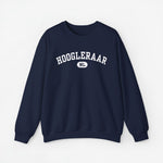 Donkerblauwe sweater met ronde hals en lange mouwen, HOOGLEERAAR-print op borst
