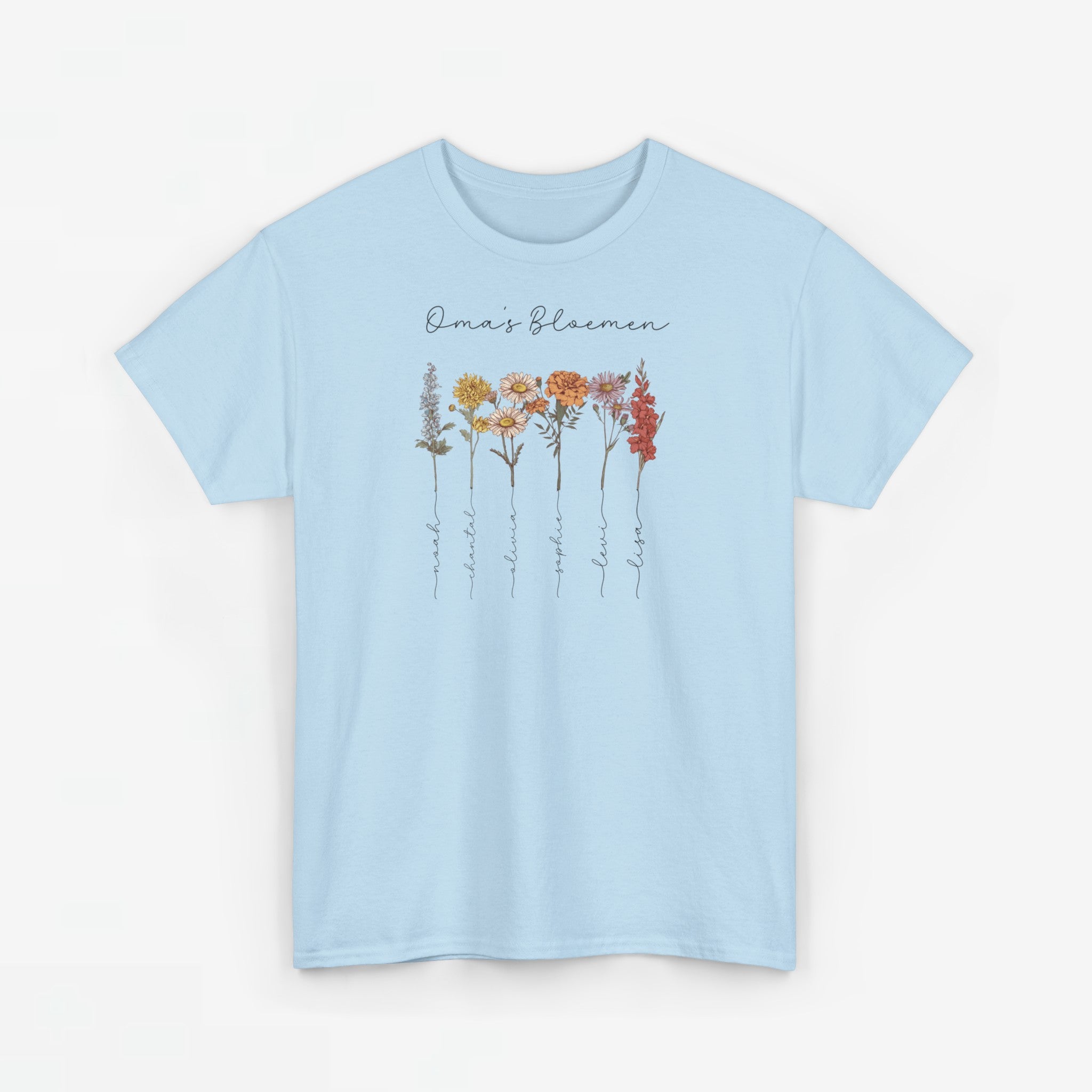 Gepersonaliseerde Moederdag Mama Cadeau - T-shirt - Oma's Bloemen met namen en geboortemaand bloemen (zwarte tekst)