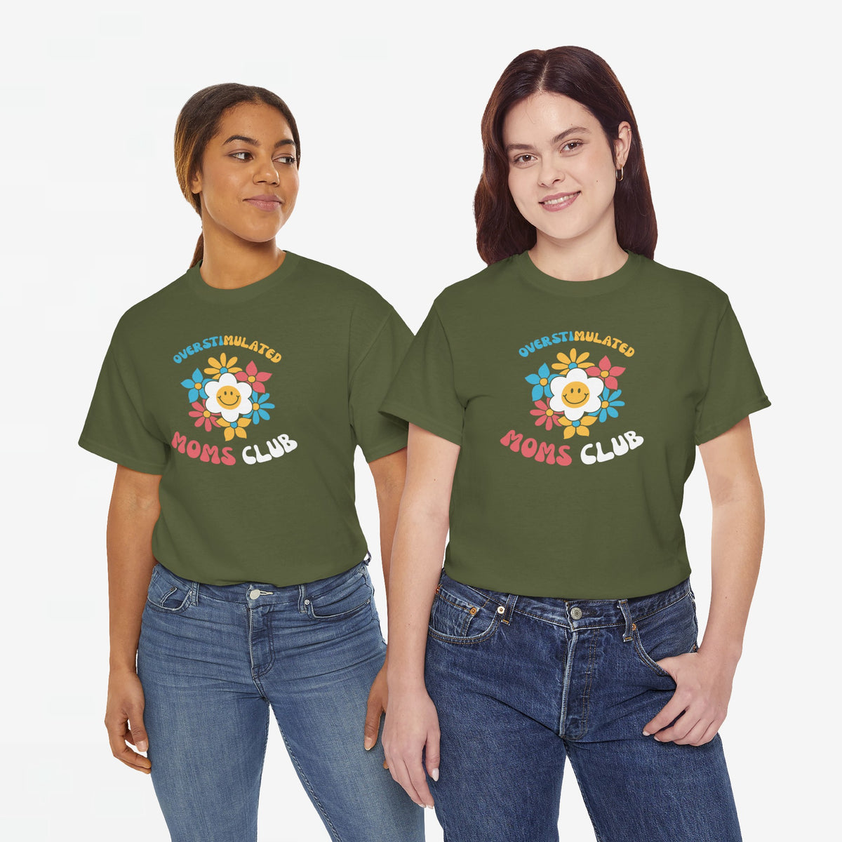 Olijfgroen oversize T-shirt met ronde hals en bloem- en tekstprint 'MOMS CLUB'