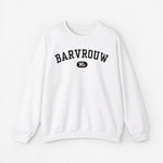 Witte trui met ronde hals en zwarte 'BARVROUW' print met 'NL'