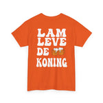 Oranje T-shirt voor heren met grote witte rugtekst: LAM LEVE DE KONING