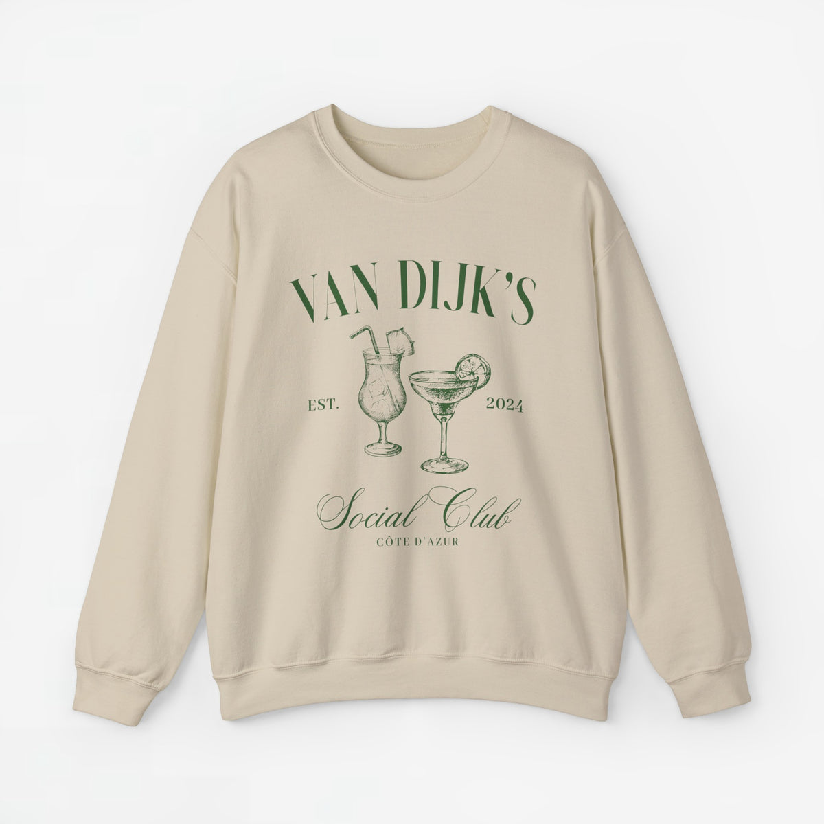 Beige sweater met ronde hals en bedrukking met glazen en 'Social Club'.
