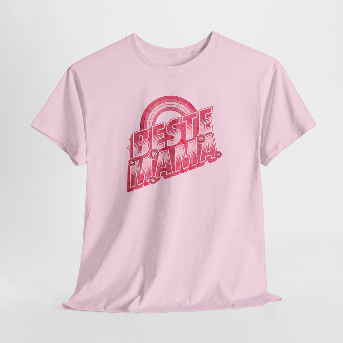 Roze t-shirt met opdruk “BESTE MAMA” in rode tinten en regenboogcirkel
