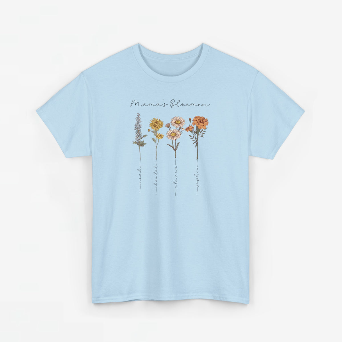 Lichtblauw T-shirt met bloemenillustratie en sierlijke tekst op de borst