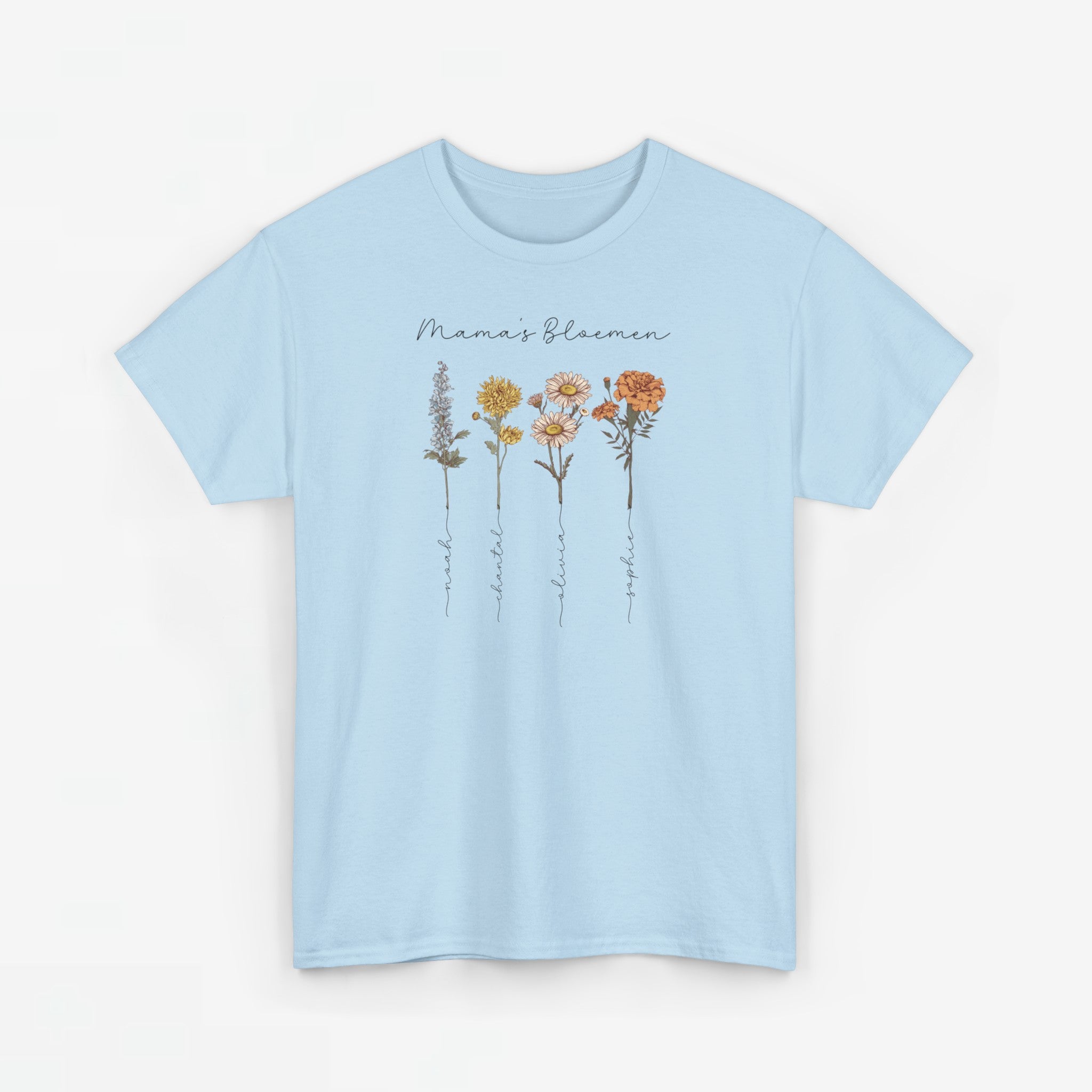 Gepersonaliseerde Moederdag Mama Cadeau - T-shirt - Mama's bloemen met namen en geboortemaand bloemen (zwarte tekst)