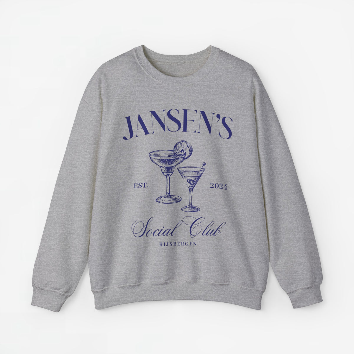 Grijze sweatshirt met ronde hals en blauwe 'JANSEN'S Social Club'-opdruk.