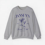 Grijze sweatshirt met ronde hals en blauwe 'JANSEN'S Social Club'-opdruk.