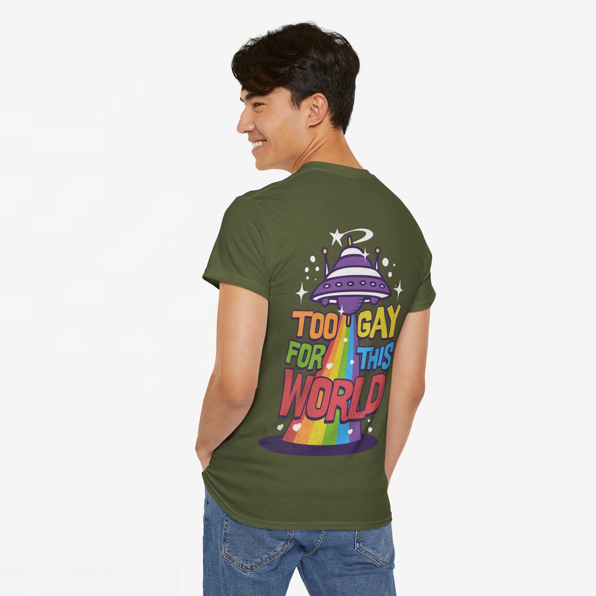 Gay Pride T-shirt - Too Gay For This World - Back Print - Oversized #55