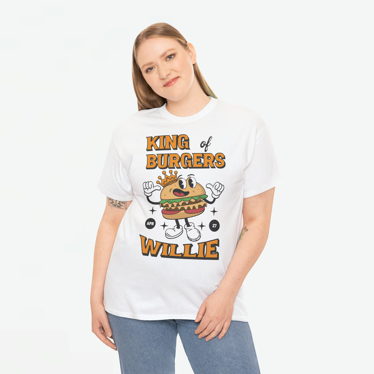 Wit oversized T-shirt met frontprint 'King of Burgers Willie' en burgerfiguur