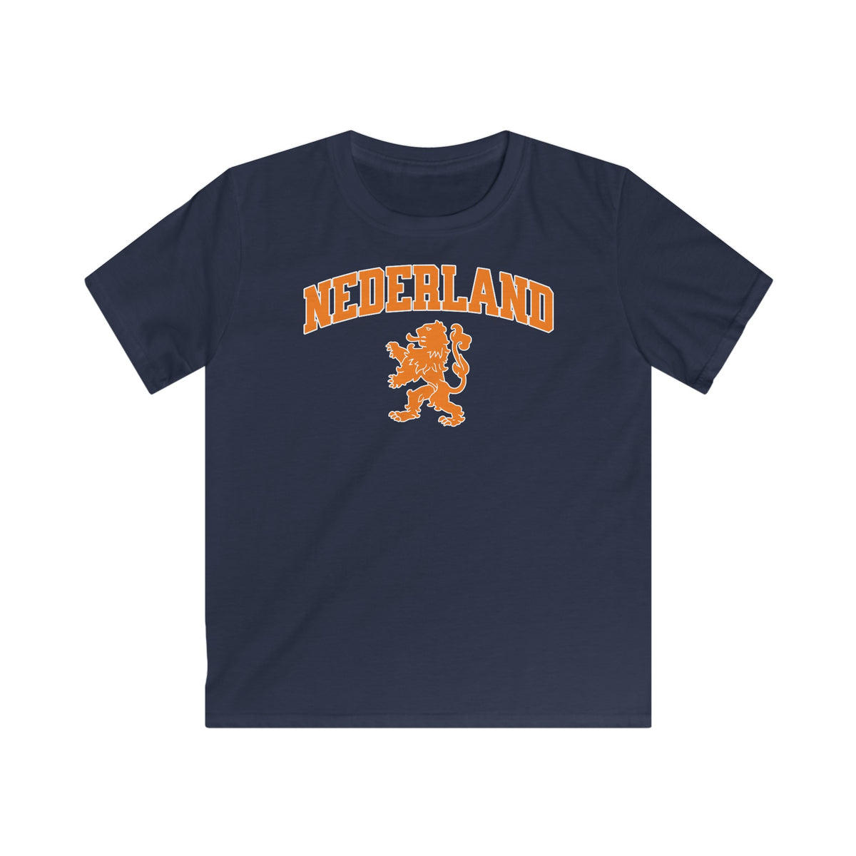 Donkerblauwe kinder voetbalshirt met NEDERLAND-logo en leeuwembleem op de borst.