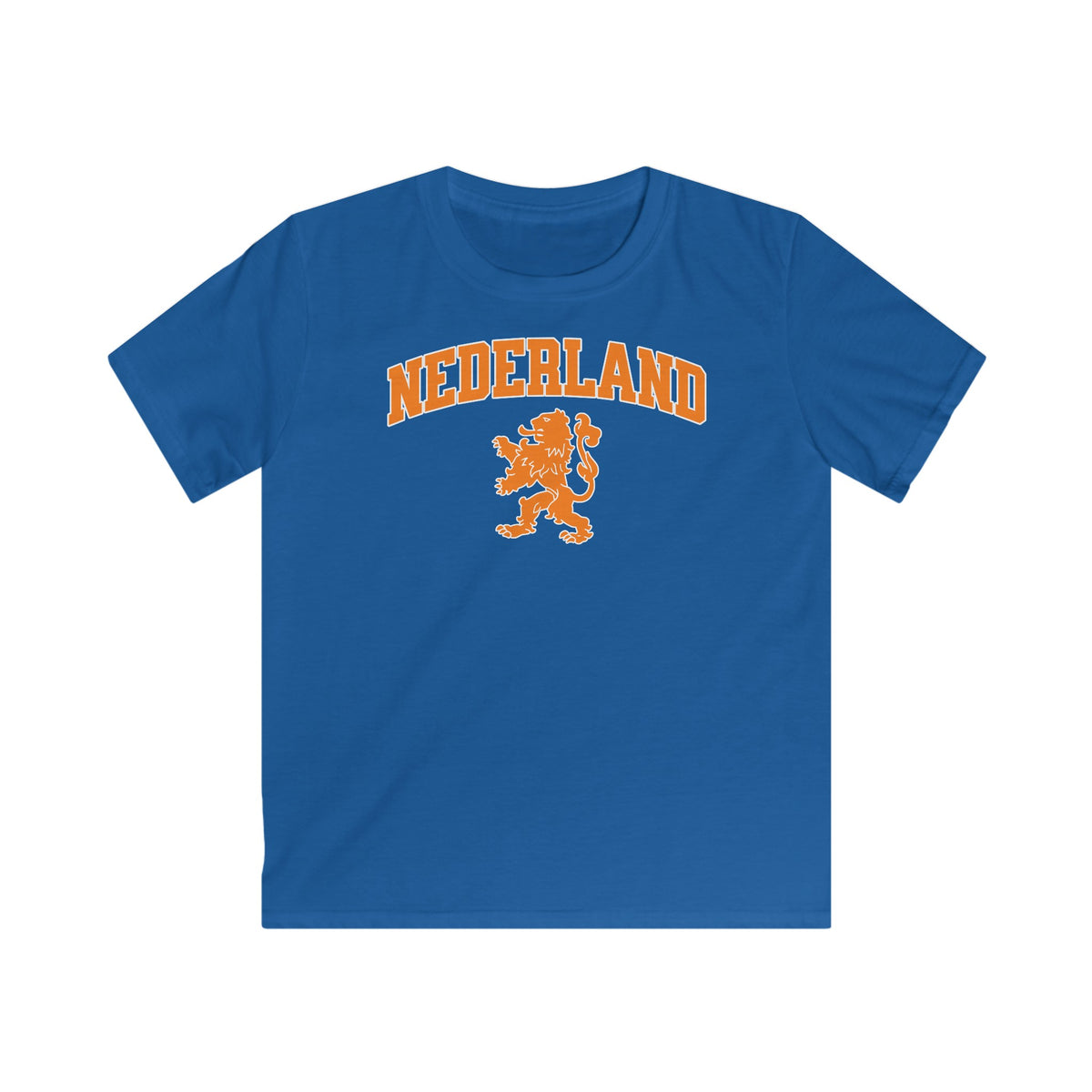 Blauwe kinder voetbalshirt met NEDERLAND-logo en leeuwembleem op de borst.