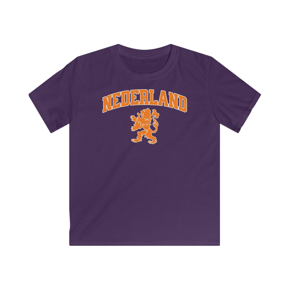 Paarse kinder voetbalshirt met NEDERLAND-logo en leeuwembleem op de borst.