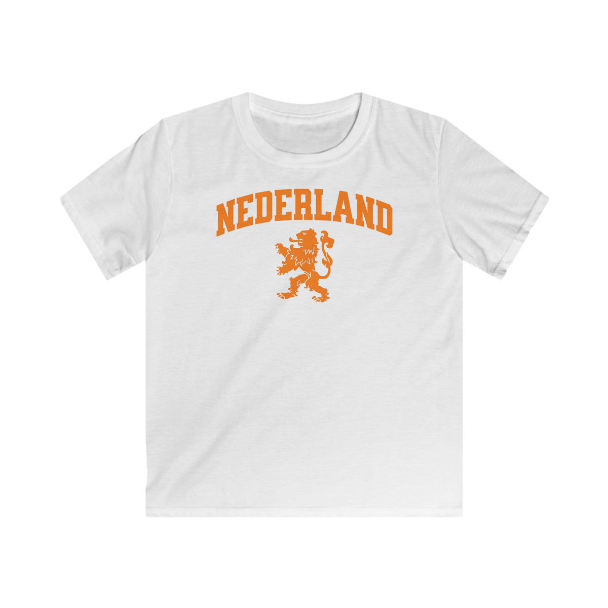 Witte kinder voetbalshirt met NEDERLAND-logo en leeuwembleem op de borst.