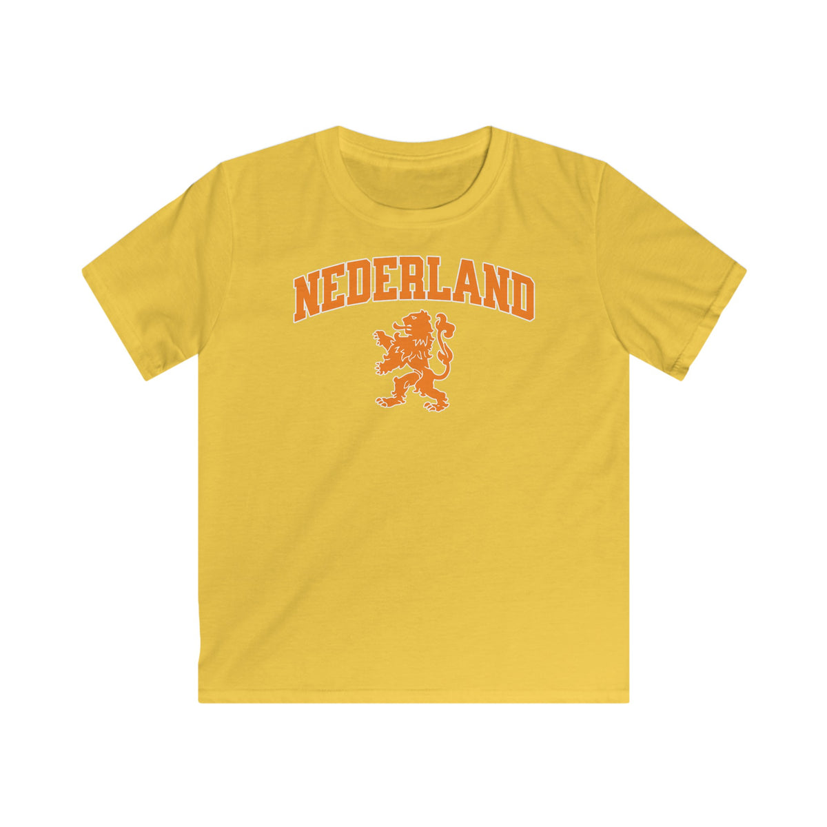 Geel kinder voetbalshirt met NEDERLAND-logo en leeuwembleem op de borst.