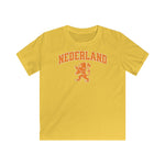 Geel kinder voetbalshirt met NEDERLAND-logo en leeuwembleem op de borst.