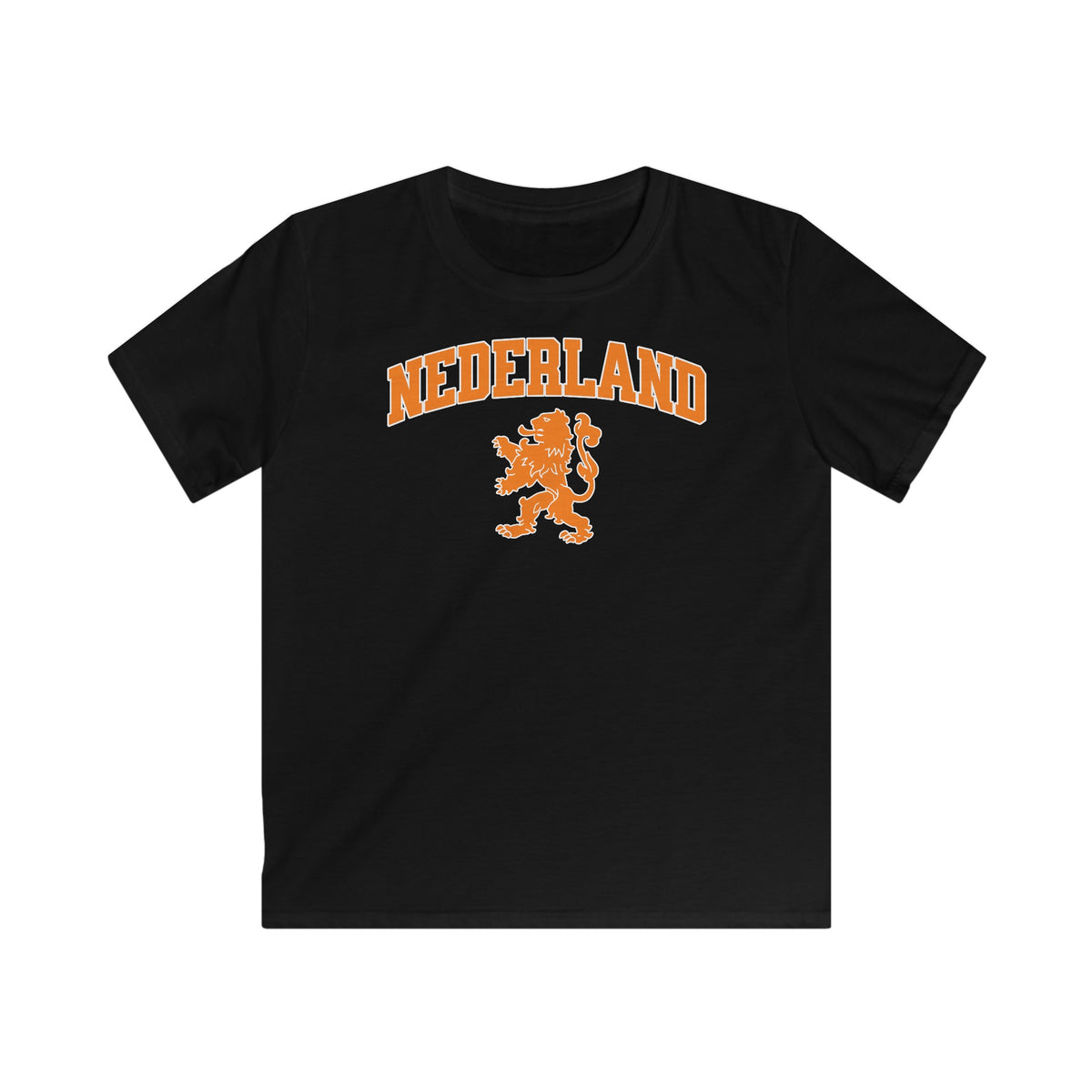 Zwarte kinder voetbalshirt met NEDERLAND-logo en leeuwembleem op de borst.