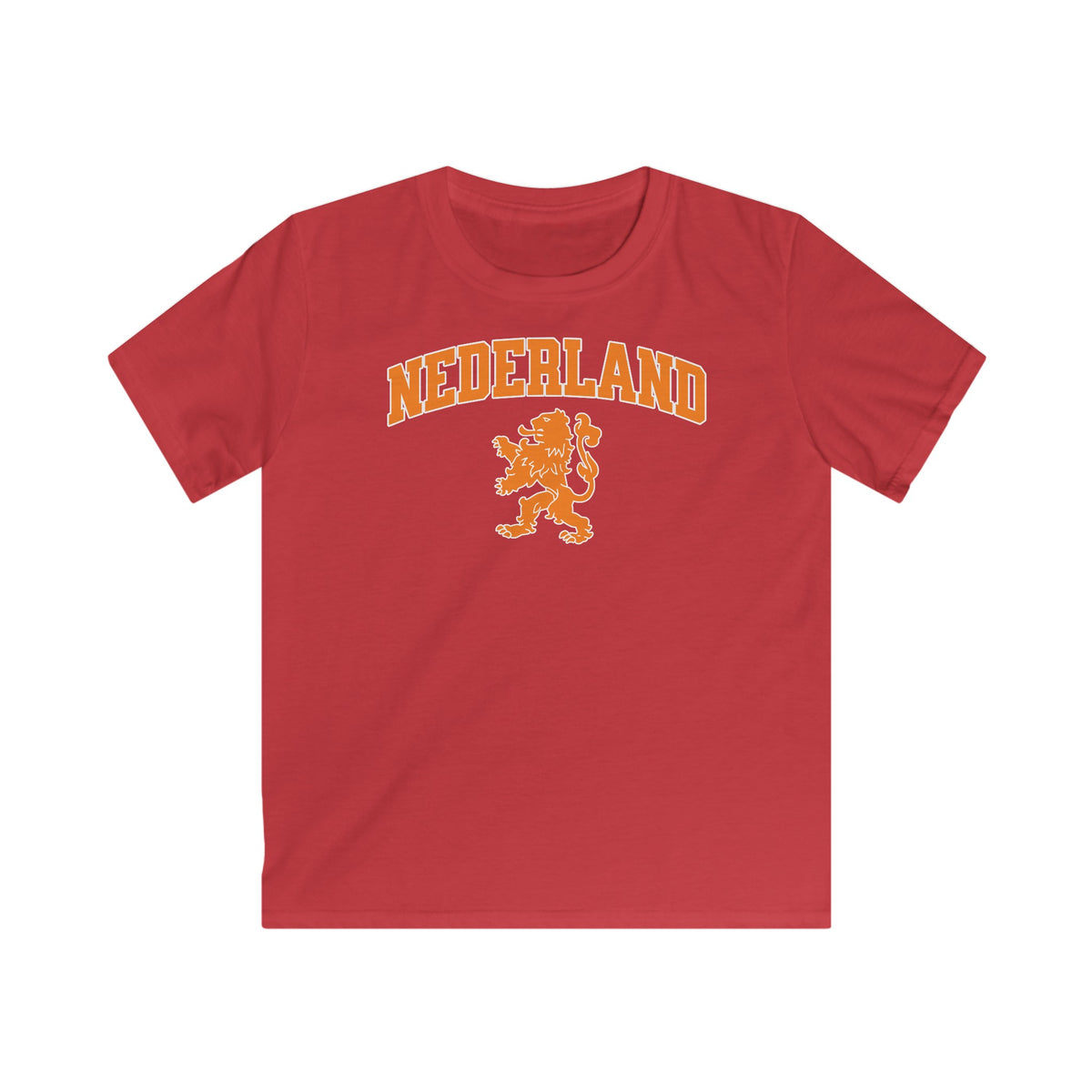 Rode kinder voetbalshirt met NEDERLAND-logo en leeuwembleem op de borst.