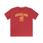 Rode kinder voetbalshirt met NEDERLAND-logo en leeuwembleem op de borst.