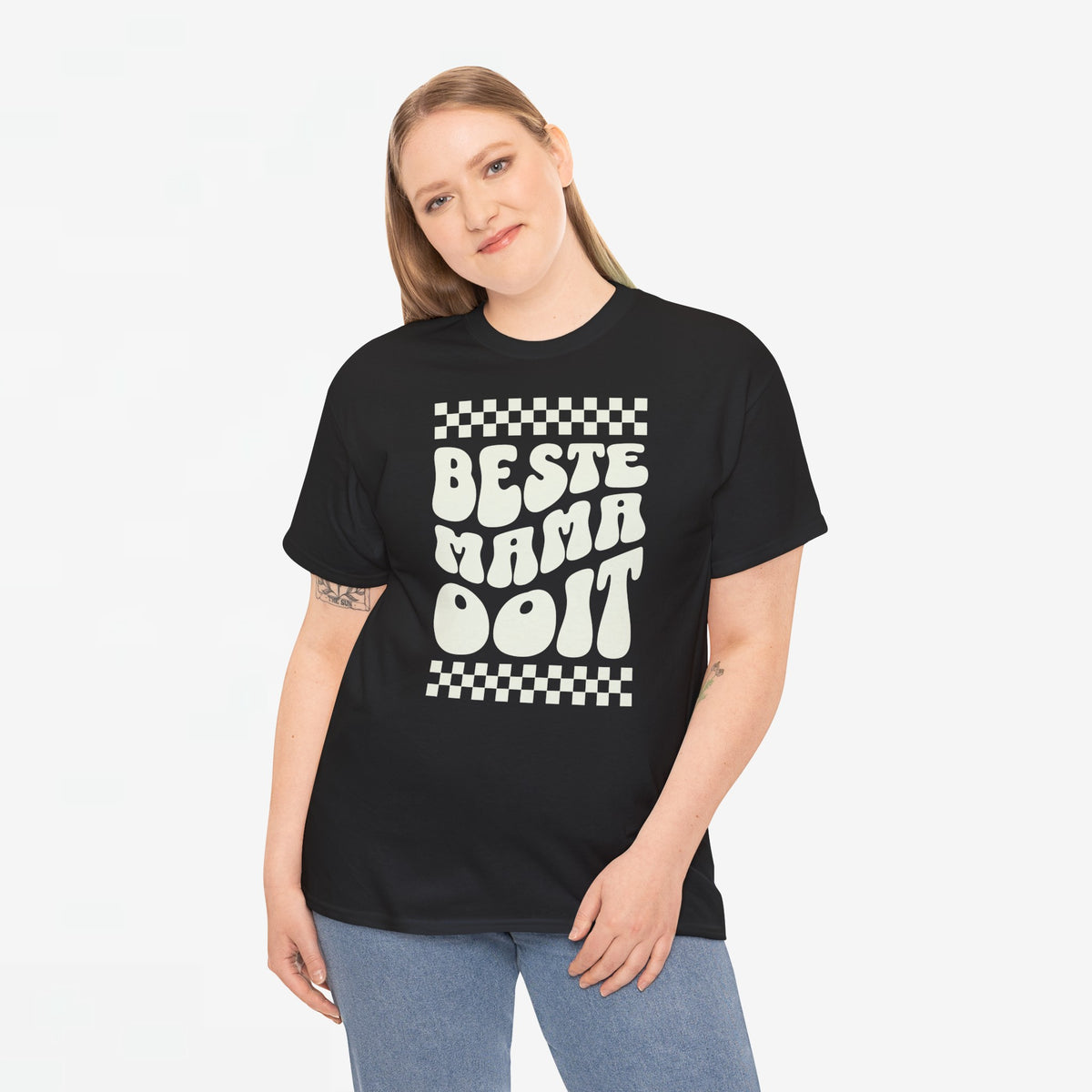 Zwarte oversized t-shirt met ronde hals en witte 'Beste mama ooit' print