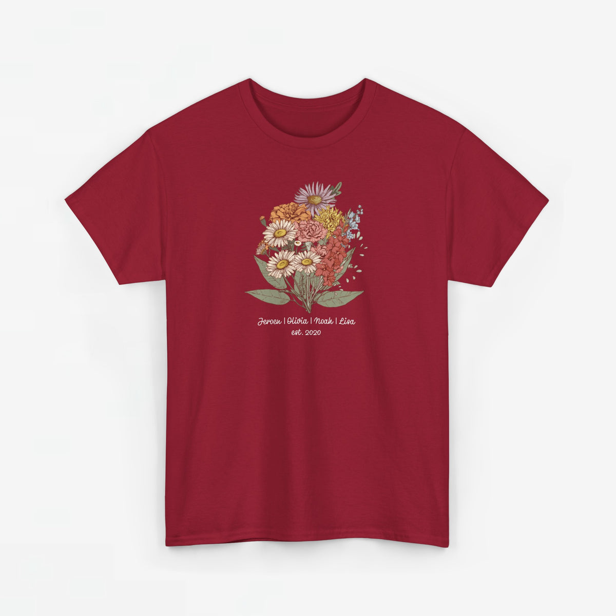 Rood T-shirt met bloemenboeket-design en gepersonaliseerde tekst op de borst