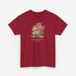 Rood T-shirt met bloemenboeket-design en gepersonaliseerde tekst op de borst