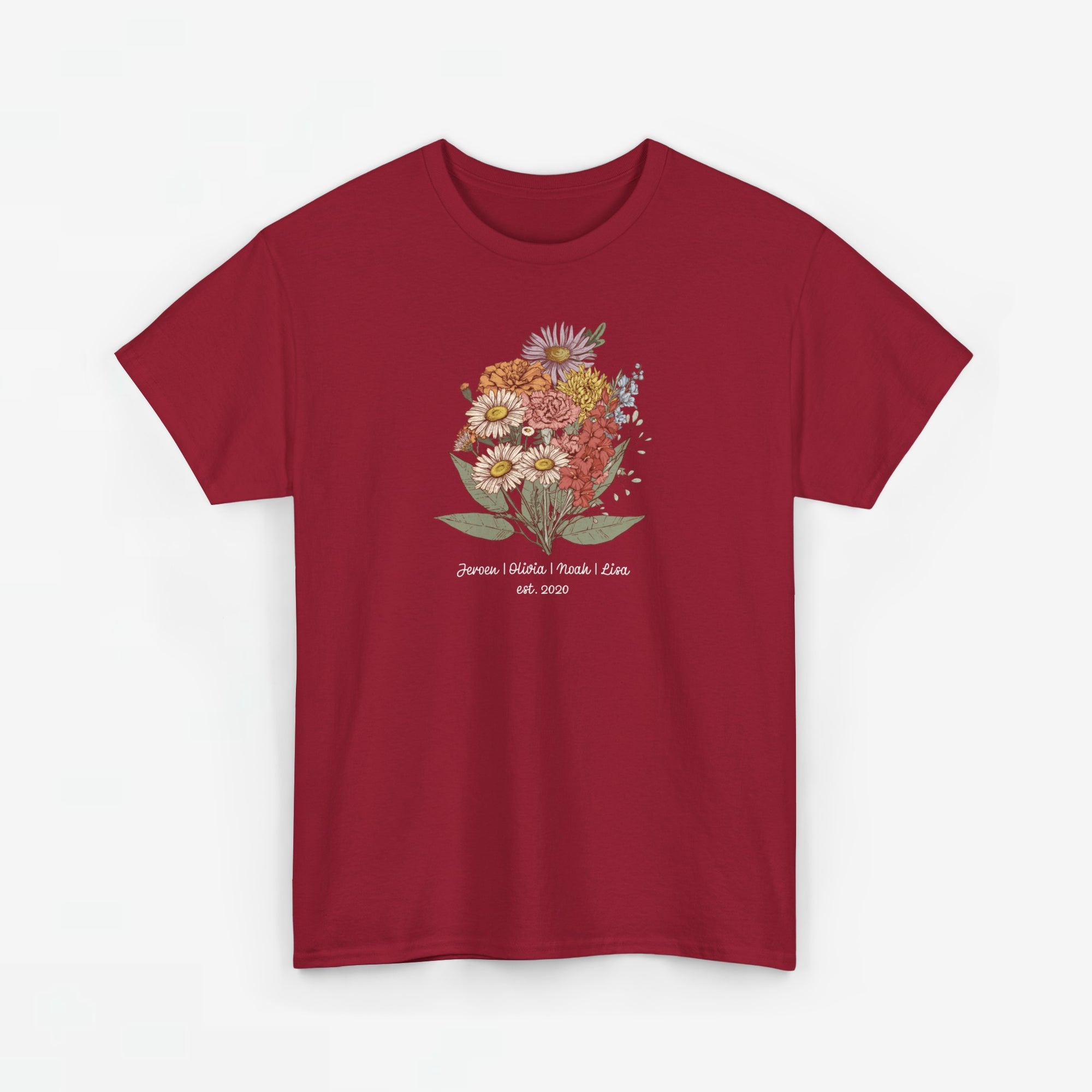Gepersonaliseerde Moederdag Mama Cadeau - T-shirt - Familie Bloemen boeket met namen - EST [JAAR] (witte tekst) Ver.2