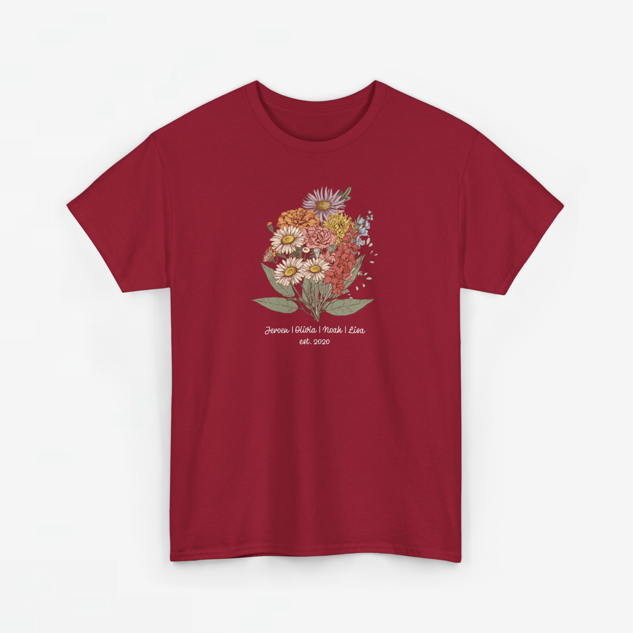 Gepersonaliseerde Moederdag Mama Cadeau - T-shirt - Familie Bloemen boeket met namen - EST [JAAR] (witte tekst) Ver.2