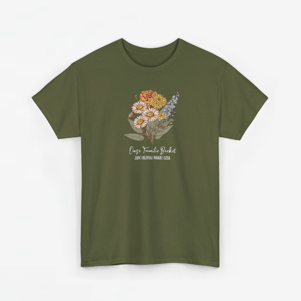 T-shirt legergroen met kleine bloemenboeketprint en witgedrukte tekst