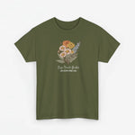 T-shirt legergroen met kleine bloemenboeketprint en witgedrukte tekst
