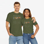 T-shirtset met olijfgroene shirts, bloemenprint en tekst op de borst.