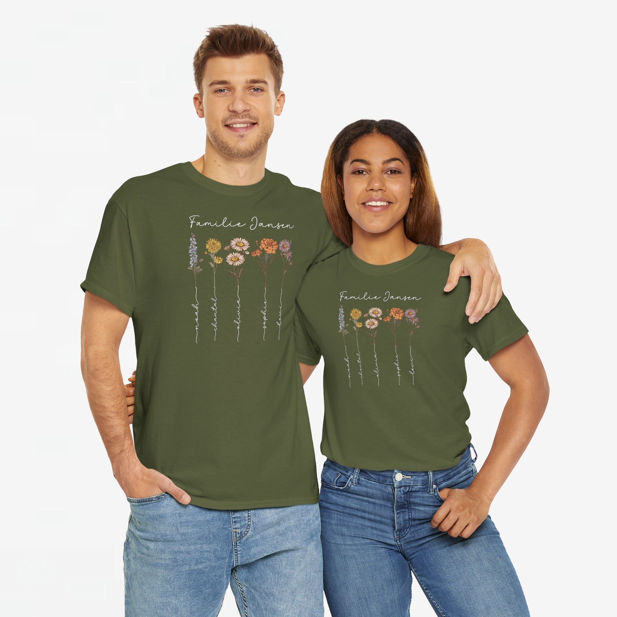 Gepersonaliseerde Moederdag Mama Cadeau - T-shirt - Familienaam met namen en geboortemaand bloemen