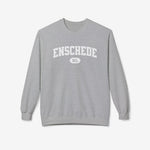 Sportgrijze varsity trui met ronde hals en borstprint 'ENSCHEDE' met NL