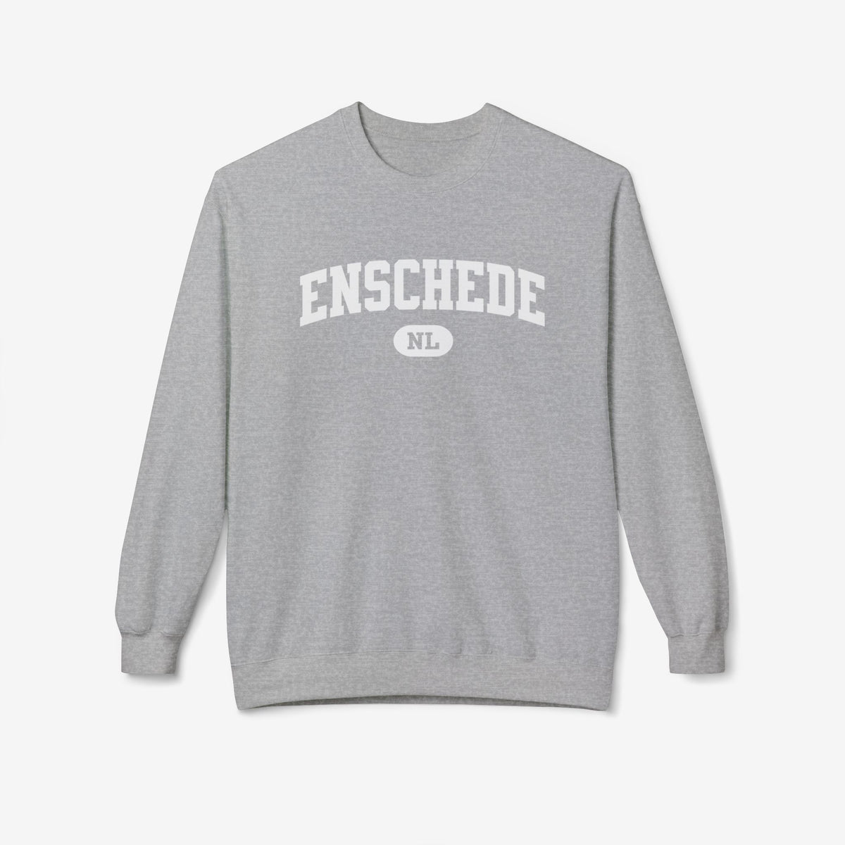 Sportgrijze varsity trui met ronde hals en borstprint 'ENSCHEDE' met NL