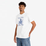 Wit oversized T-shirt met blauwe print op borst, ronde hals en korte mouwen