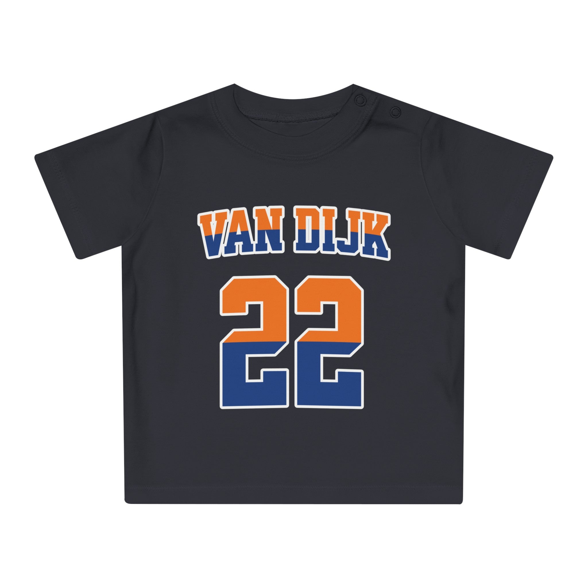 Baby T-shirt voor EK, WK en Koningsdag - Personaliseer met Naam & Rugnummer - oranje en blauwe tekst (Voorkant)